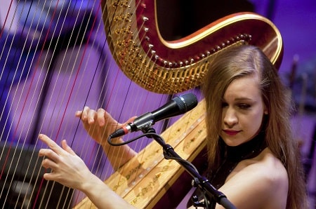 A picture of Joanna Newsom playing harp at her performance.